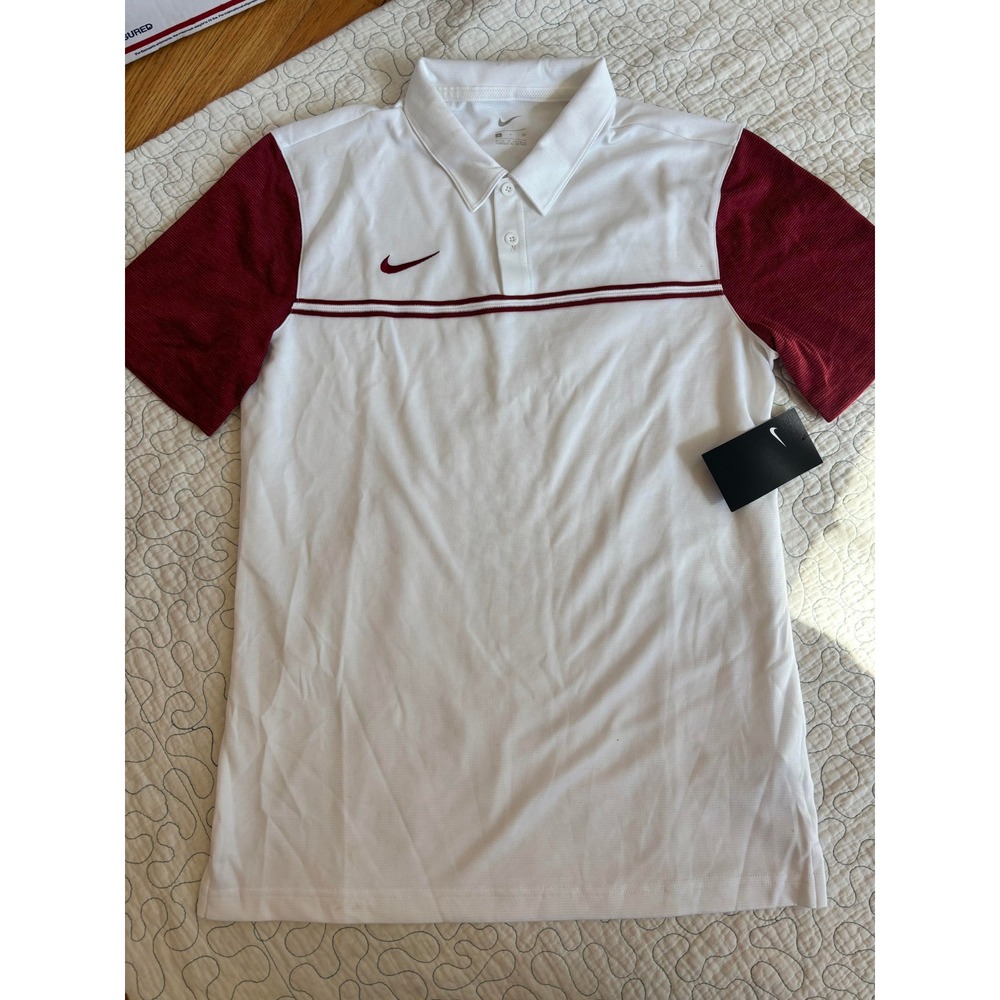 Nike Mens White Maroon Red Striped Football Polo Shirt Size Small‎